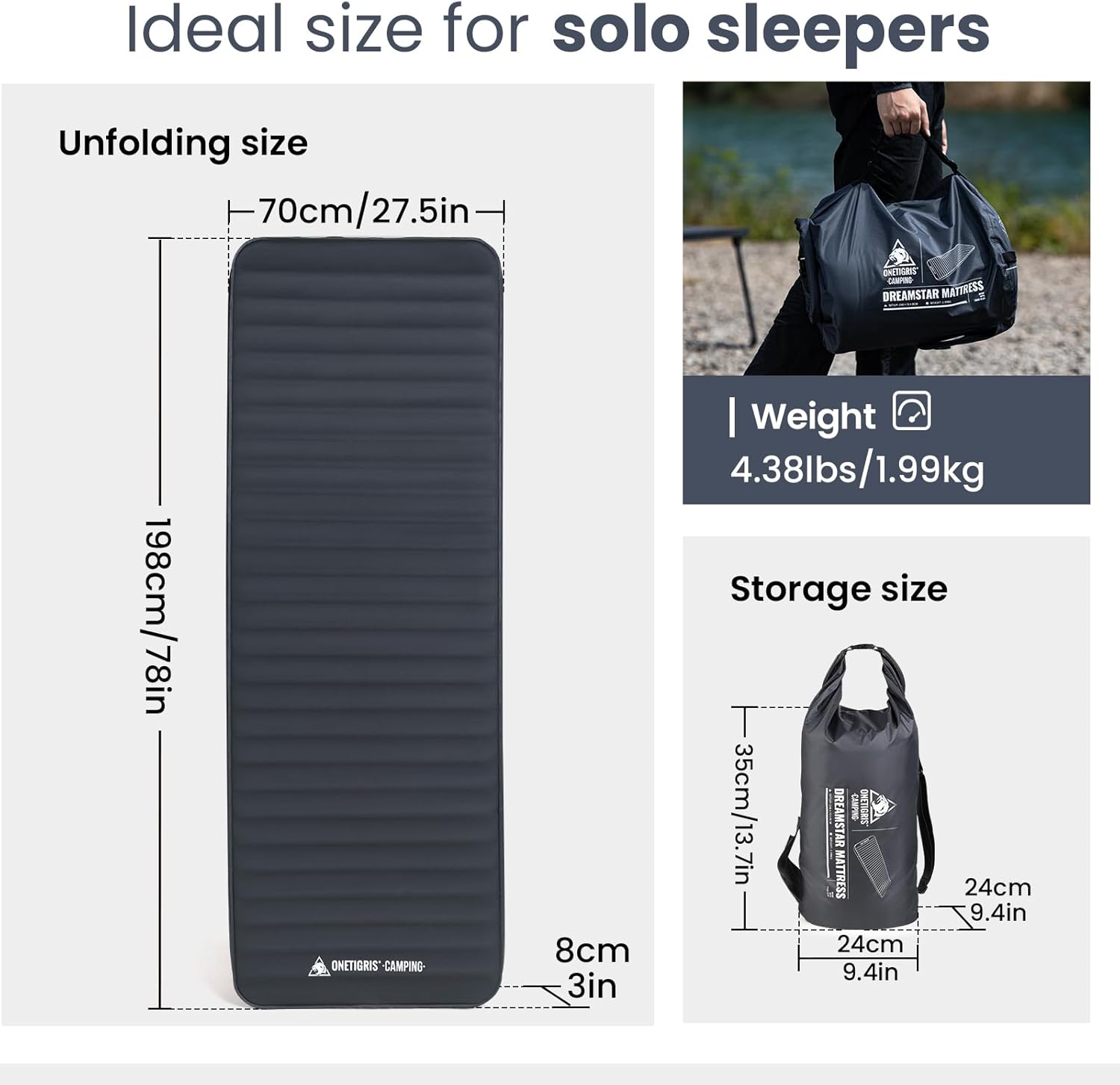 OneTigris Dreamstar Single Air Mattress, Self-Inflating Sleeping Pad Foam for Camping, Backpacking, Car Trips, Travels, Air Bed with Patch-up Kit